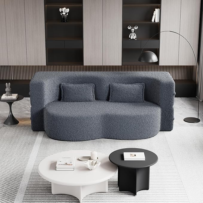 2 in 1 Folding Floor Couch Sofa Bed with 2 Pillows Teddy Fabric Foam-Filled Convertible Sleeper Sofa Full Mattress for Living Room Guestroom No Assembly Required Sofa Bed Grey