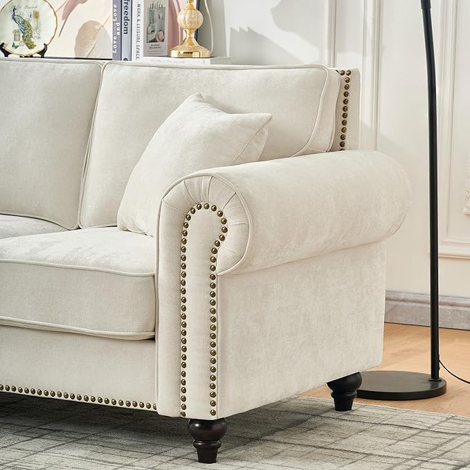 KEIKI 87 Oversized Chenille Sofa with Rolled Arms and Nailhead Trim Upholstered Modern Style 3-Seater Couch with High-Density Foam Cushions Easy Assembly for Apartment Living Room Beige