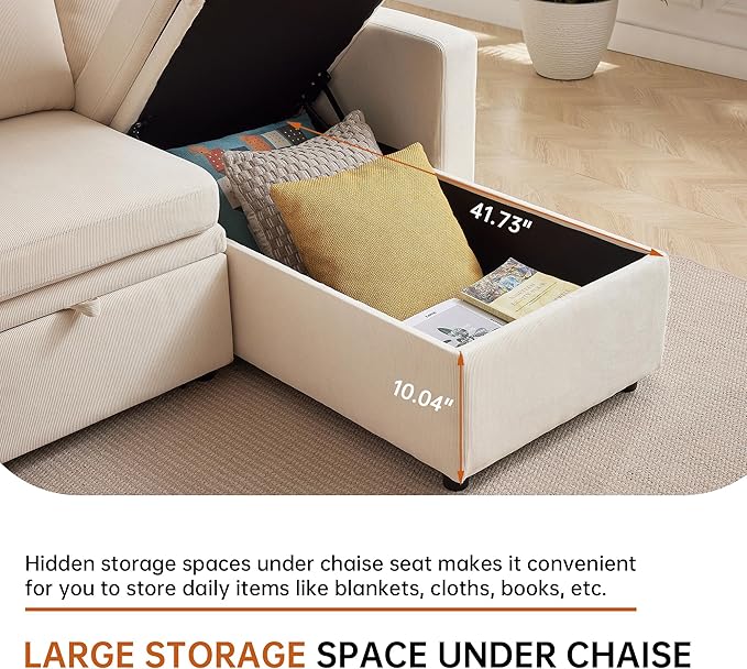 2-in-1 Convertible Sofa with Pull Out Bed 76 L Shaped Comfy Sectional Couch 3-Seater Sleeper Sofa with Reversible Storage Chaise for Living Room Beige
