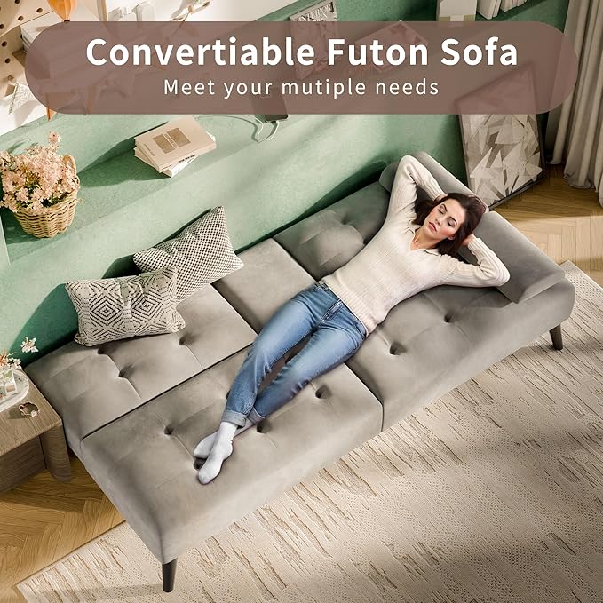Nuturelly Convertible Sofa Bed Futon Couch Small Velvet Sleeper Sofa with Removable Armrests and Folding Cup Holders Upholstered Loveseat for Small Spaces Apartment Living Room(Light Gray)
