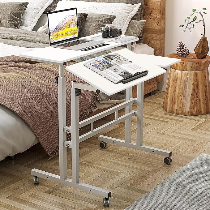 DlandHome Mobile Standing Desk Stand Up Desk Rolling Desk Stand Sit Desk Mobile Computer Desk Adjustable Standing Desk 23.6inches Table Workstation Mobile Desk Cart Tray White