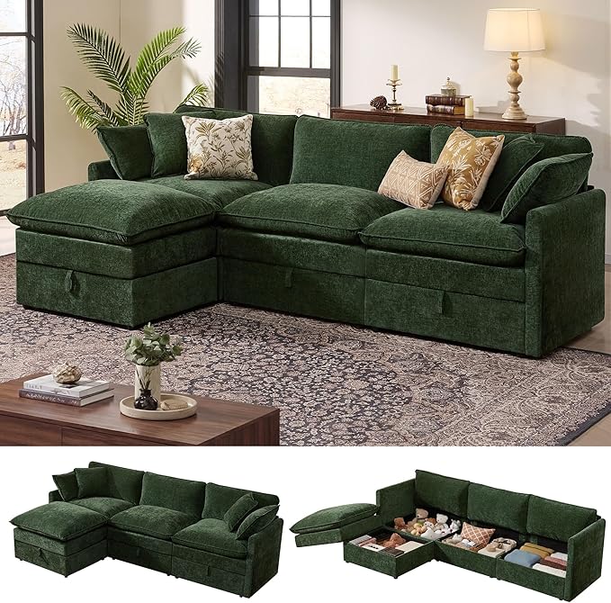 Ihanherry 103 Modular Sectional Sofa with Storage L Shaped Cloud Couch with Movable Ottomans &amp 4 Pillows Chenille Deep Seat Sectional Couches for Living Room Apartment (Green)