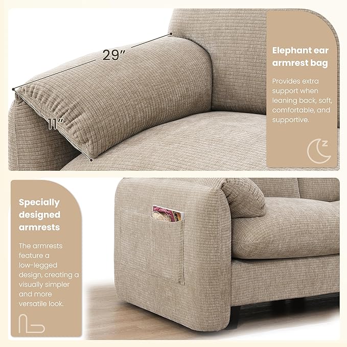 108 Modular Sectional Sofa L-Shape Upholstered Couch with Free Movement Ottoman Phone Holder and 2 Side Storage Pockets 31.5 Extra-Wide Seat Cushion Striped Chenille (Light Khaki+Beige/511)