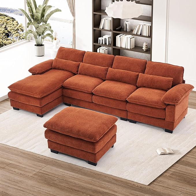 OUYESSIR 113 U Shape Sectional Cloud Couch with OttomanFluffy Sectional Couches for Living Room4 Seater Modular Sectional SofaComfy Cloud Sofas &amp Couches with 4 PillowsOrange