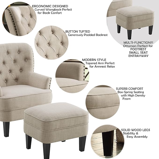 Rosevera Accent Chair and Ottoman Set - Button Tufted Armchair for Living Room Bedroom Reading - Mid-Century Modern Lounge Chair Set - Beige