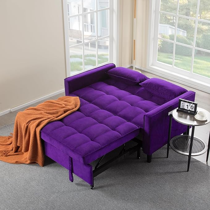 3 in 1 Convertible Sofa Bed Love Seat Sleeper Bed with Side Pockets Velvet Fabric Pull Out Couch with Adjustable Backrest for Living Room Bedroom Apartment Purple