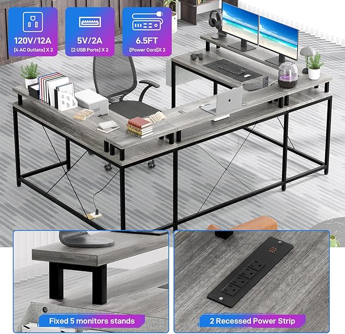 u Shaped Desk with Power Outlets &amp LED Lights 79 Extra Large Reversible Corner Office Desk Monitor Stand &amp Storage Shelves Corner Computer Table Office Table with Full Monitor Stand