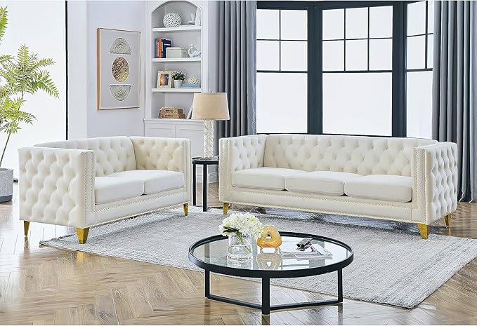 KEIKI Tufted Velvet 3+2 Seat Sofa Couch for Living Room Buttons Tufted Square Arm Couch for Home Apartment Beige