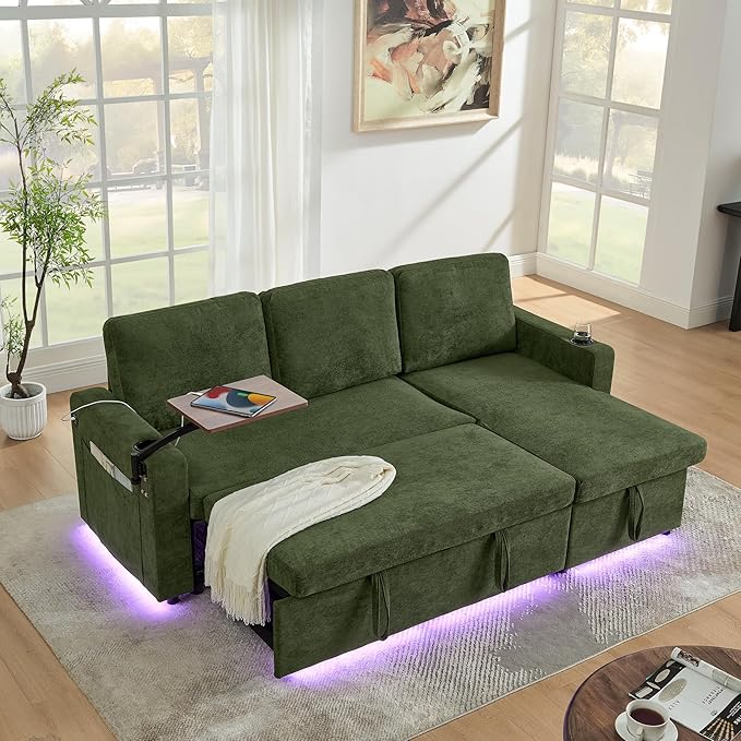 KEIKI 85 L-Shaped Chenille Sectional Sofa with Pull-Out Bed Storage Chaise Lounge Retractable Table USB Cup Holders Convertible 3-Seater Sleeper Couch Bed Easy Assembly for Living Room Green