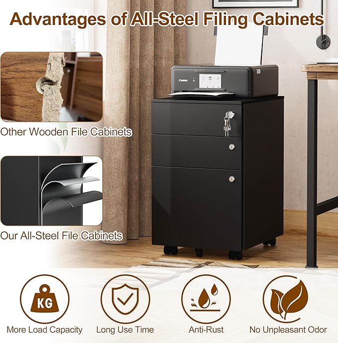 3 Drawers File Cabinet with 3 Lock Mobile Metal Filing Cabinet Fully Assembled Except Casters for Home Office for A4 Letter Legal File Folders Black