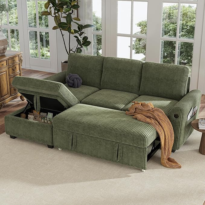 Hanherry 81 Sectional Couch with Pull Out Sofa BedCorduroy Sleeper Sofa with Storage Ottoman &amp USB ChargingComfy L Shaped Modular Couches for Living RoomApartment | USB charging port side poc