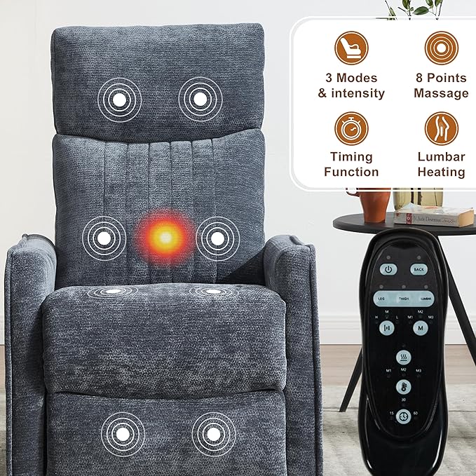 Manual Swivel Rocker Recliner Chair for Adults Overstuffed Recliner Glider with Massage and Heat Living Room Reclining Chair Fabric Blue