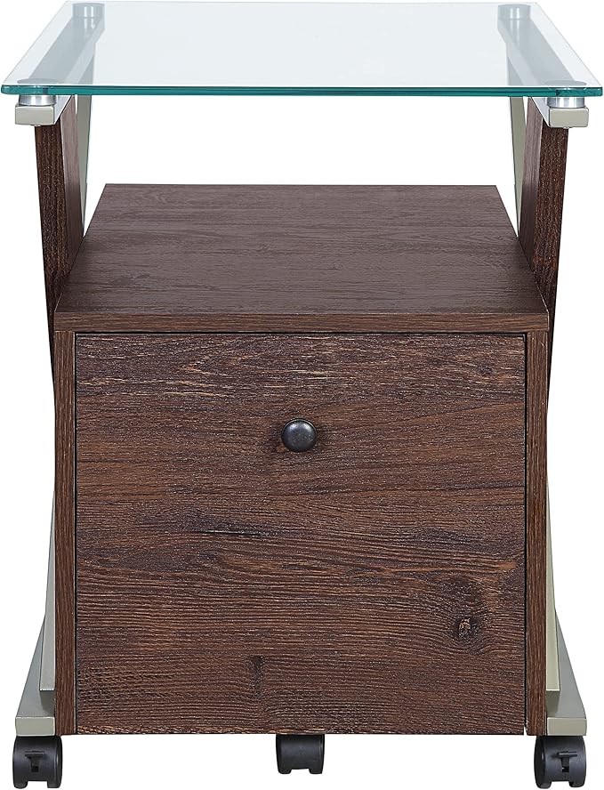 OSP Home Furnishings Zenos Mobile Rolling File Cabinet with Tempered Glass Top Traditional Cherry