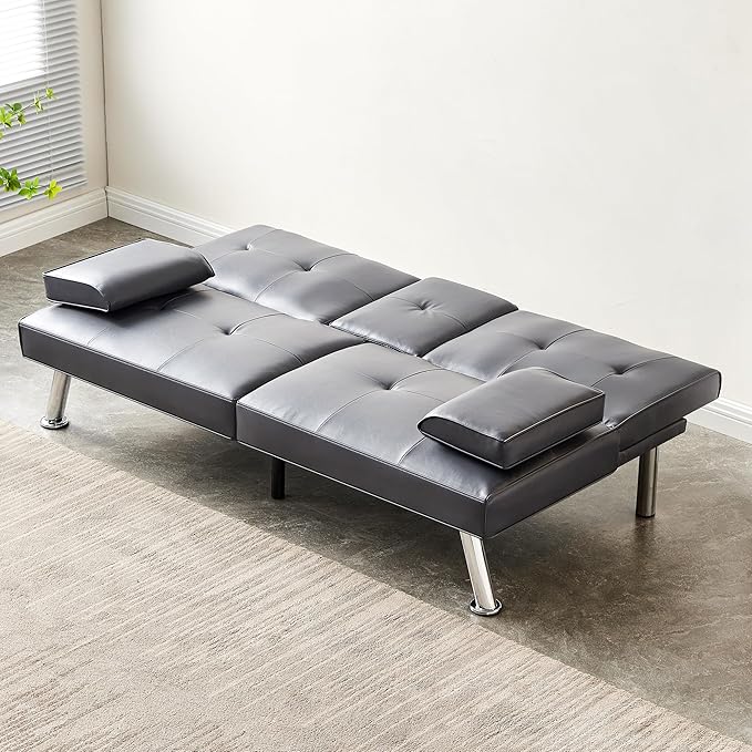 Convertible Futon Sofa BedPU Leather Modern Couch Loveseat Sleeper Folding Daybed Guest Bed Removable Armrests 2 Cup Holders Metal Legs (Gray)