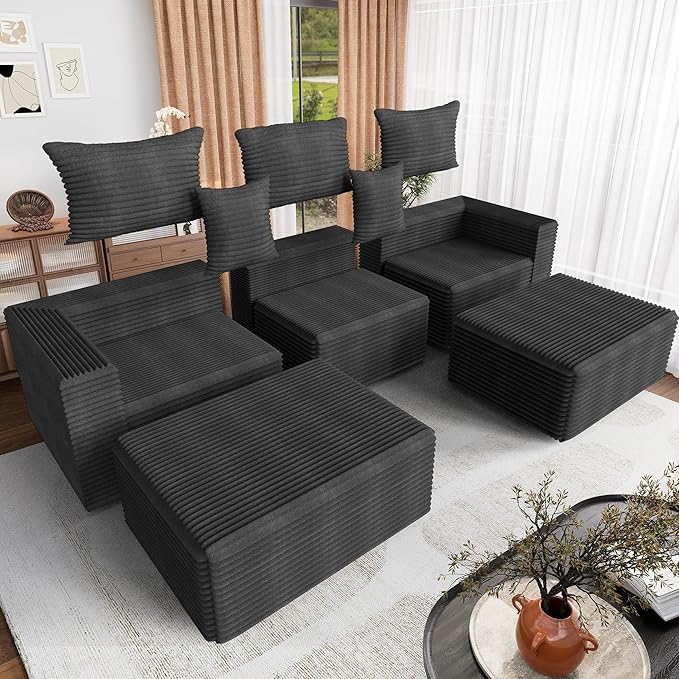 110 Corduroy Modular Sectional Boneless Sofa with 2 Ottomans Convertible Cloud Couch with Deep Seats Fluffy Memory Foam U Shaped Couch for Living Room No Assembly Required (Black)