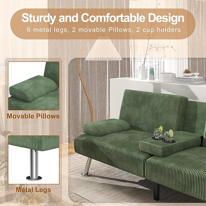 Shahoo Modern Upholstered Convertible Folding Futon Sofa Bed with Removable Armrests Metal Legs 2 Cup Holders for Living Room Green