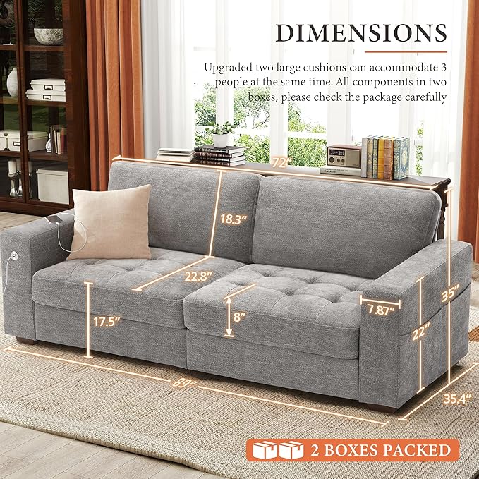 Ihanherry Modern Sofa Living Room Couch with USB/Type-C Charging Port Comfy 3-Seats Chenille Recliner Sofa for Small Space Removable Medium Firm Cushion (89inch Grey)