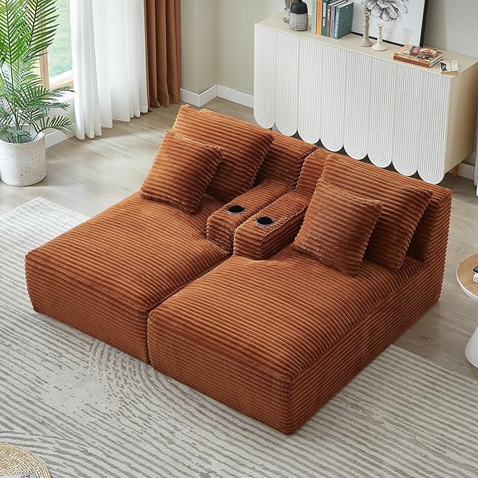 Double Chaise Lounge Sofa Boneless Cloud Couch Bed with Cup Holders and Side Pockets Comfy Deep Seat Sleeper Sectional Loveseat Chair for Living Room (Orange 2 Seat)