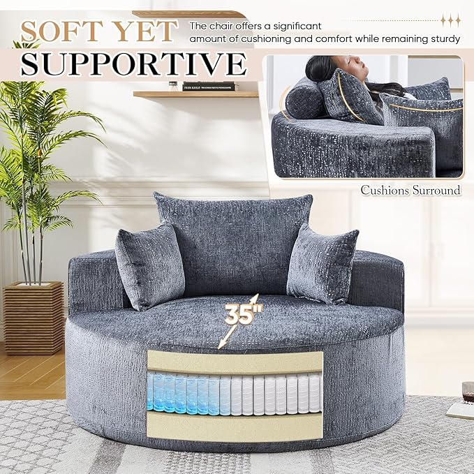 Modern Round Accent Sofa Chair for Living Room Upholstered Chenille Barrel Lounge Arm Chair with Large seat&ampThrow Pillows for Bedroom Office Apartment Grey