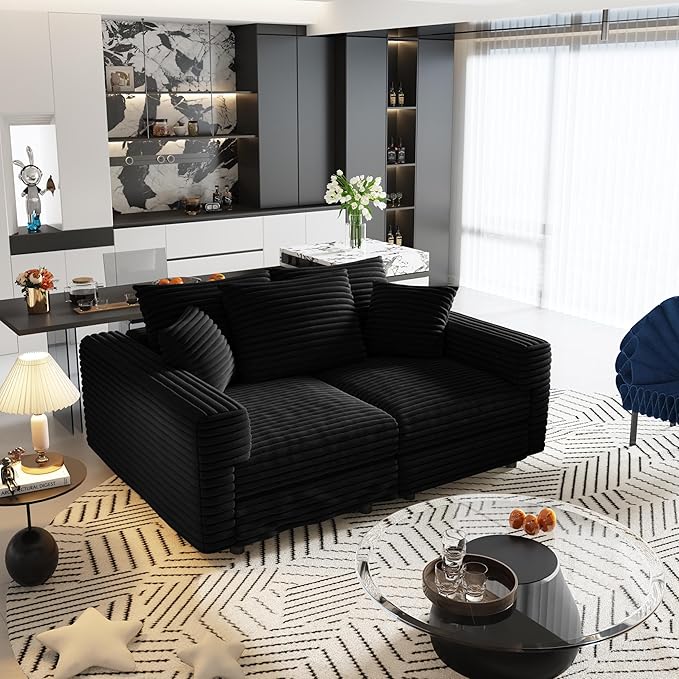 82.7 Oversized Cloud Couch Convertible 3 Deep Seat Upholstered Sofa Couch 2 in 1 Plush Corduroy Sofa with 5 Soft Pillows Modern Modular Sectional Couches for Living Room Apartment Black