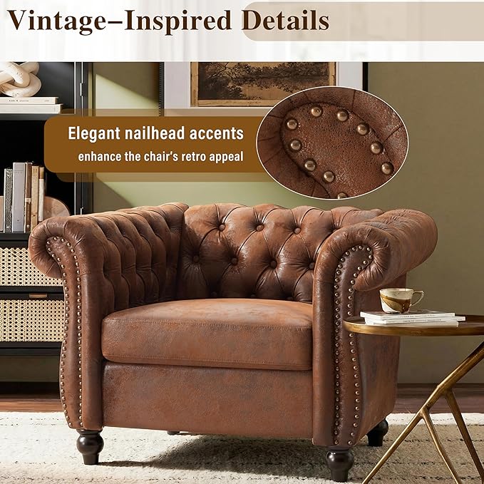 Mid-Century Modern Club Chair with Scrolled Arms Tufted Upholstered Rolled Armchair with Nailhead Trim and Solid Wood Legs for Home Bedroom Reading Room (Dark Brown87)