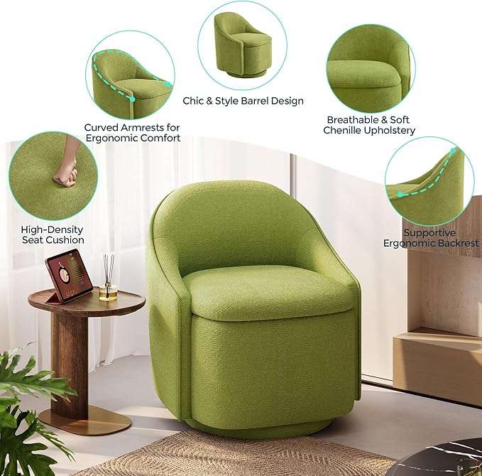 LINSY Swivel Accent Chair with Storage Comfy Chenille Barrel Chairs Small 360 Swivel Modern Armchair for Living Room Bedroom Boucle Reading Chair for Study Room (Green)