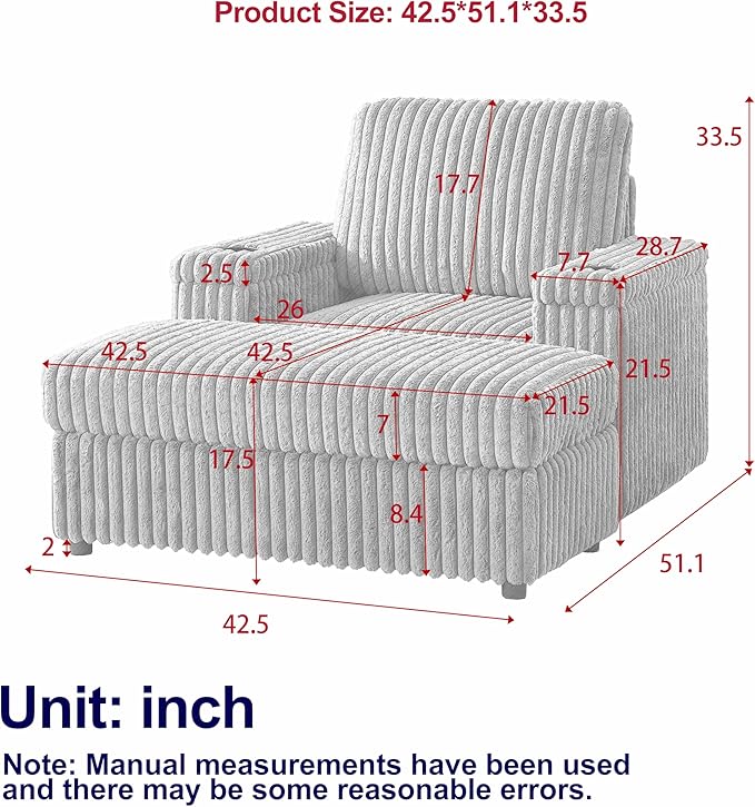 Eafurn 42.5 Oversized Accent Chair with Storage Ottoman Convertible Chaise Lounge Corduroy Cloud Sofa Chair w/Cupholders Modern Extra Wide Armchair