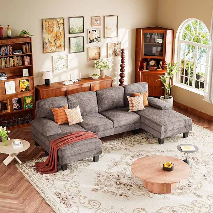 YESHOMY Sectional Couch for Living Room Modern Cloud Couch with Deep Seat and Chaise U-Shaped Sofa Couches with Padded Armrest for Small Apartment (Chenille Grey)