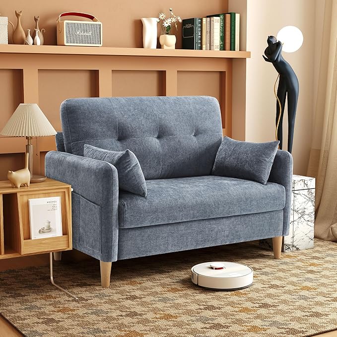47 Small Sofa Couch for Bedroom Soft Chenille loveseat Mini Couch with Throw Pillow and Removable Cushion Cover for Small Spaces Living Room Apartment Dorm Office(Blue Grey)