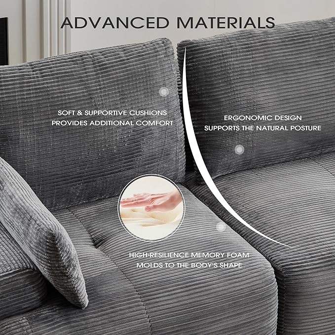 Round 113 L Shaped Sectional Couch Cloud Sofa with Ottoman for Living Room Corduroy Fabric Grey