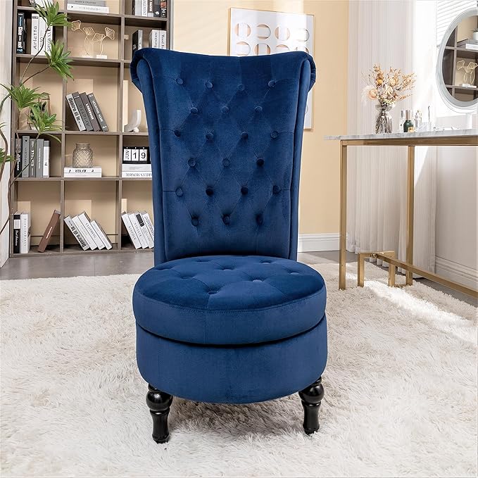 Royal High-Back Velvet Accent Chair for Vanity with Storage and Luxurious Upholstery Retro Design and Versatile Usage for Living Room Bedroom Lounge and Office Dark Blue