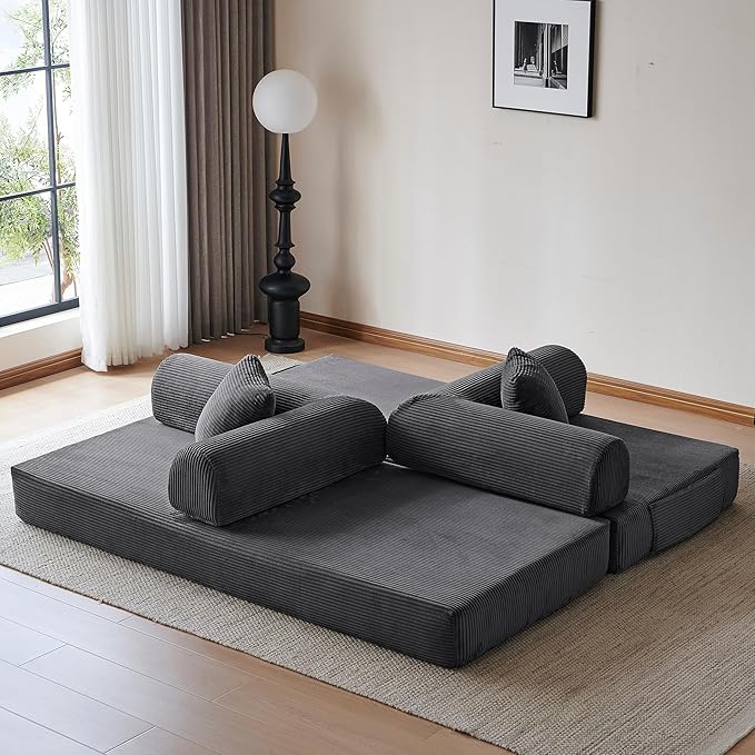 79 Convertible Sleeper Sofa Bed Modern Corduroy Floor Couch Bed with Fixed-Shape Frame Modular Sofa Couch with Pull Out Bed Boneless Loveseat Sleeper Couches for Living Room Grey
