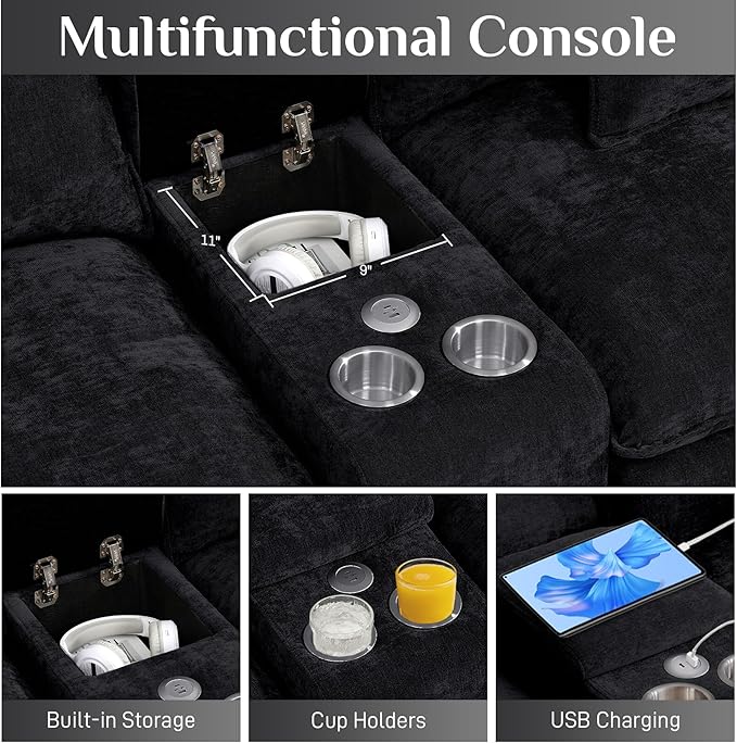 145 Oversized Modular Sectional Sofa U Shaped Cloud Couch Modern 6 Seat Sofa Set for Living Room Comfy Chenille Deep Seat with Storage Central Console Movable Ottomans Cup Holders USB Ports Black