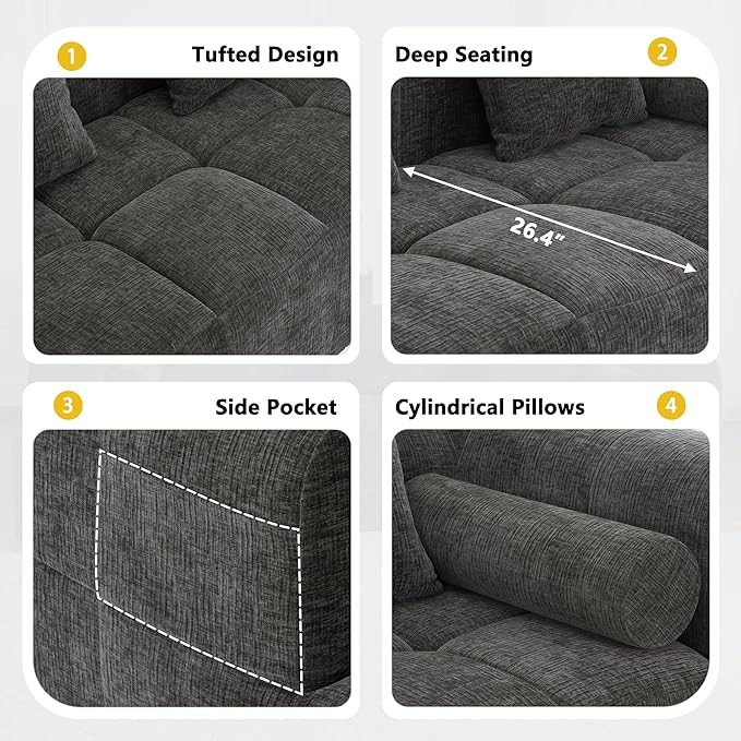 101.2 Sectional Sofa Full-Compressed Sofa Modular Sofa Couch Free-Combined with Deep Seating and Two Side Pockets for Living Room (Grey@90)