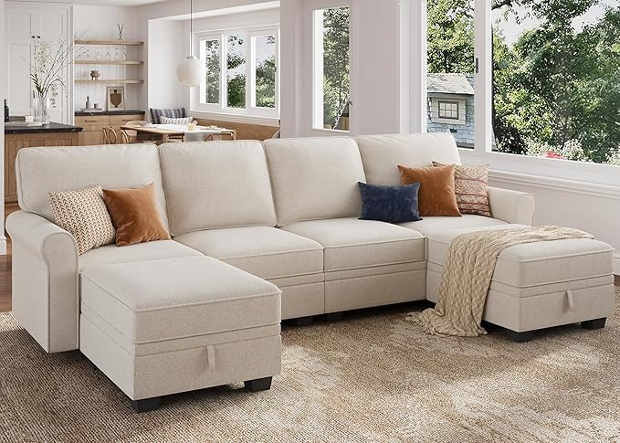 HONBAY Convertible Sectional Sofa with Storage U Shaped Sectional Couch with Reversible Chaise Small Sectional Couches for Living RoomBeige