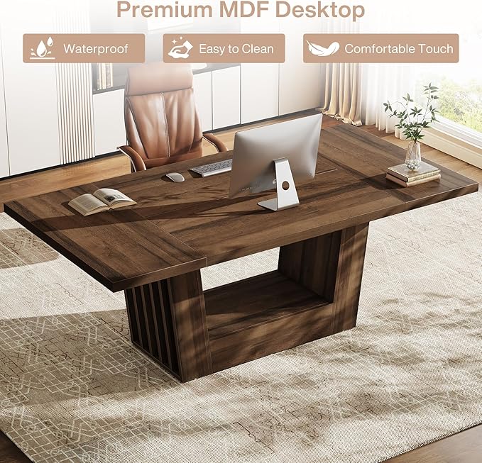 Tribesigns 63'' Wood Executive Office Desk Modern Computer Home Office Desk with Robust Base Large Wooden Conference Table Business Workstation for Home Office Walnut Brown