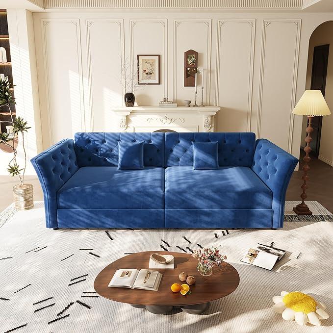100 King Size Sleeper Sofa Bed Velvet 3-in-1 Convertible Pull Out Couch with Handmade Flower Tufted Curved Arms Oversized Deep Seat Sofa Couch for Living Room Apartment Blue | Breathable material