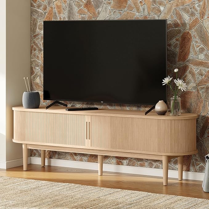 LINSY HOME 58 Fluted TV Stand for TVs up to 65 Inch Mid Century Modern Entertainment Center with Storage Cabinet and Sliding Doors Farmhouse Wood Media TV Console for Living Room Bedroom Oak