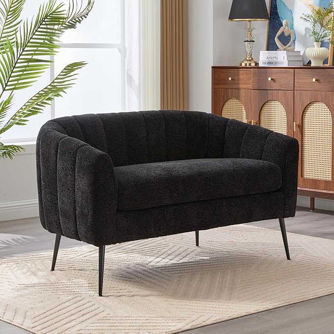 50.2'' Loveseat Sofa Modern Sherpa Boucle 2-Seater Sofa with Metal Legs Comfy Upholstered Small Accent Couch for Living Room Bedroom Office (Black).