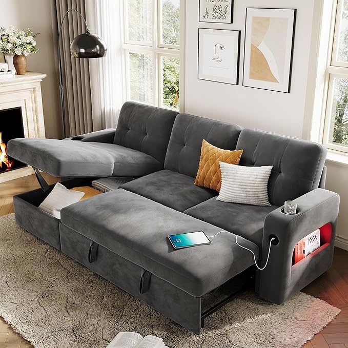 GarveeHome 84 Inch Sleeper Sofa Bed L-Shaped Sofa Convertible Pull Out Couch Bed with Storage Charging Station LED Lights Modern Sectional Sofa for Living Room Apartment Velvet Dark Grey