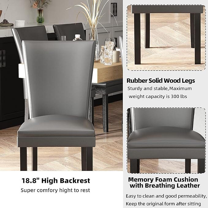 MODERION Set of 2 Dinning Chairs with Solid Wood Leg Upholstered Kitchen Chairs with Leather PU Skin Accent Chairs with High Back Simple Office ChairsHolds 300 LbsEasy Assembly Grey CY1331GY