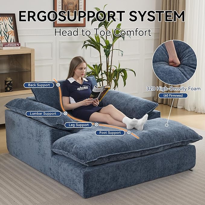 69 Oversized Boneless Chaise Lounge Chair Indoor No Assembly Blue Lounge Couch Chenille Upholstered Sofa Bed with Pocket Springs Reading Chair with Ottoman for Living Room Bedroom Office
