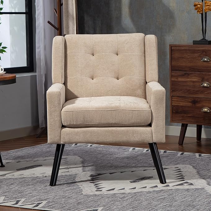 Mid-Century Modern Accent Chair Plush Linen Fabric with Button Tufted High Back &amp 5 Thick Cushion High Comfort Reading Chair for Living Room Bedroom Office (Beige)