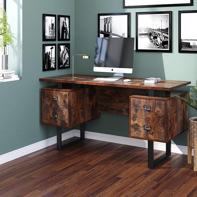 MODERION Computer Desk for Home Office with 4 Large Drawers Rustic Wood Writing Study Table with Metal Frame 59” x 21.7” x 29.5” Easy Assembly Vintage CTSZ20401RC