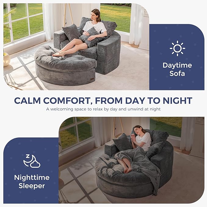 MAXYOYO Modular Sectional Chaise Lounge Sofa Round Upholstered Lounge Chair with Ottoman Comfy Couch with Layered Cushion Tufted Sleeper Chair for Living Room No Assembly Dark Grey