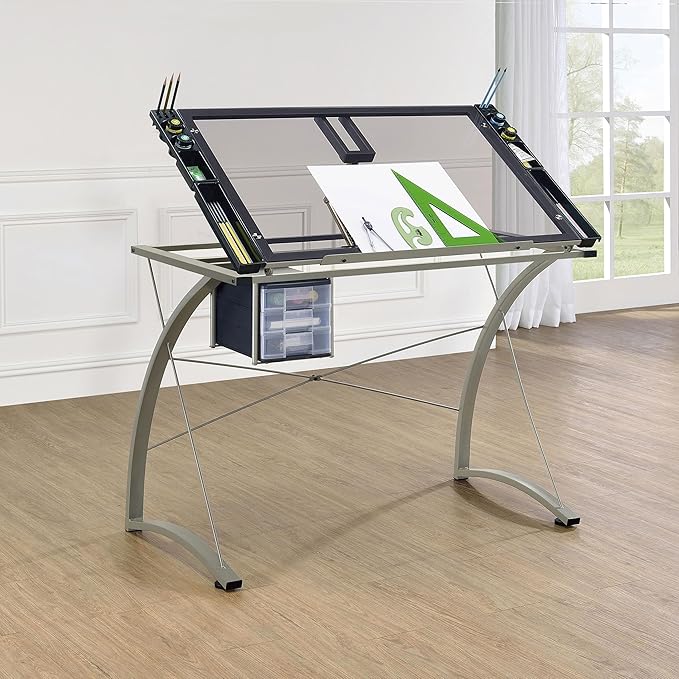 Coaster Home Furnishings - Melo - Metal and Glass - 41-Inch Drafting Table with Adjustable Pitch Three Drawers Retractable Pencil Ledge and Storage Compartments - Home Office - Silver - 800986