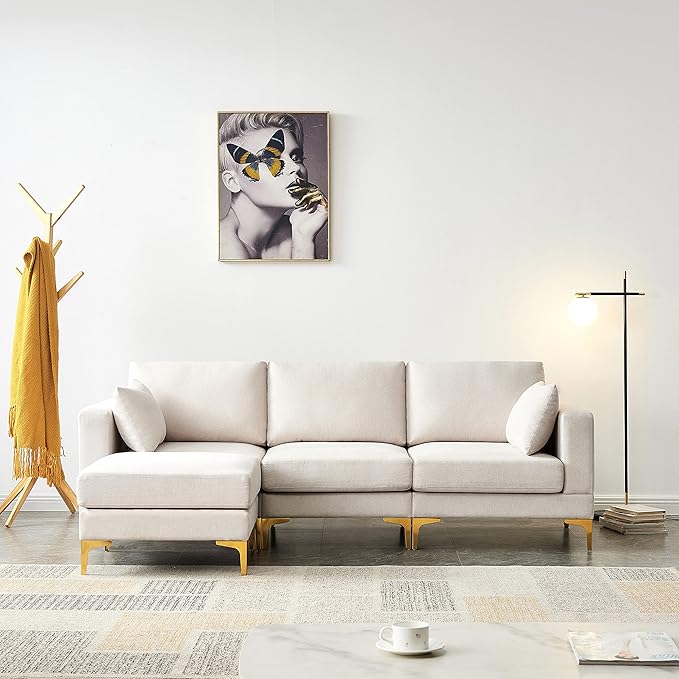 kevinplus 93'' Sectional Sofa Couch for Living Room with Convertible Chaise Ottoman Modern 3-Seat L-Shape Sofa Couch with Golden Metal Legs for Bedroom Home Office Apartment Small Space Beige