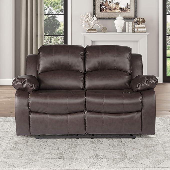 Lexicon Humphreys Loveseat Recliner - Soft Faux Leather Double Reclining Sofa Manual Pull Tab Wall Hugger High-Density Foam Solid Wood Frame Easy Assembly 62.5 W Living Room RV - Brown