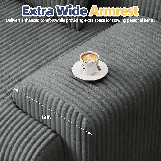 118 Modern L Shaped Modular Sectional Sofa Boneless Cloud Couch with Ottoman Oversized Corduroy Couch Deep Seat 30D Sponge for Indoor Living Room No Assembly Required(Gray)