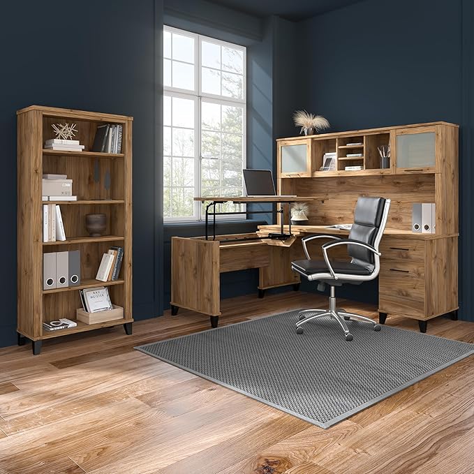 Bush Home Somerset 60W L Shaped Desk with Hutch in Fresh Walnut